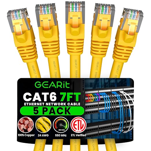 GEARit Cat 6 Ethernet Patch Cable 7 ft Yellow Cat6 Patch Cables 7ft by GEARit