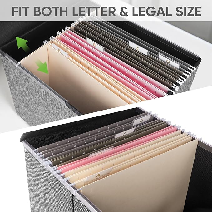 BALEINE File Organizer Box with Lid, Collapsible File Folder Organizer with Plastic Slide, Hanging File Folder Box for Office Document Storage (2 Pack, Grey)