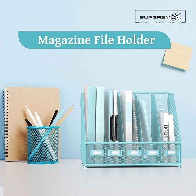 SUPEASY Desk Organizers Metal Desk Magazine File Holder with 5 Vertical Compartments Rack File Organizer for Office Desktop, Home Workspace, Blue