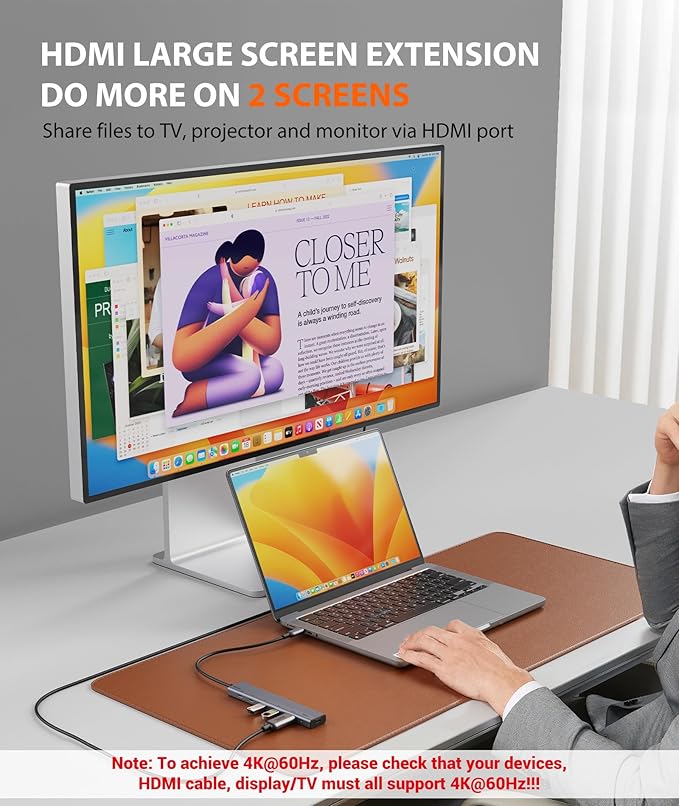 Aceele USB C Hub, 6 in 1 USBC Multiport Adapter with 10Gbps 2 USB C 3.2 and 2 USB A 3.2 Data Port, 4K 60Hz HDMI, 100W Power Delivery for MacBook Pro/Air, iPad Pro, iMac, Surface, XPS and More