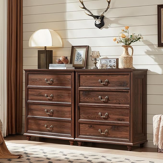Farmhouse 4 Drawer Dresser for Bedroom, 37" Tall Rustic Chests of Drawers w/ 4 Solid Wood Feet, Mid Century Modern Wooden Closet Storage Dressers Organizer for Living Room, Hallway, Brown