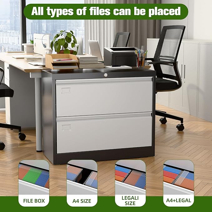 Aobabo 2 Drawer Lateral File Cabinet, Metal Filing Cabinet with Lock, Suitable for Home Office School Hanging Files Letter/Legal/F4/A4 Size,Multi,Required-Assembly