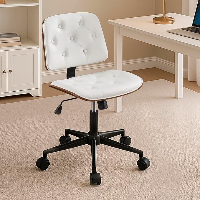 Small Home Office Chair – Adjustable Height, Armless PU Leather Mid-Back Desk Chair with Swivel Wheels, Walnut Finish, Perfect for Study or Bedroom, White