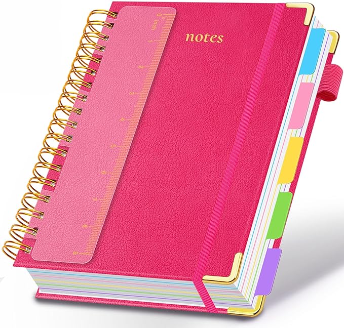 Hardcover Spiral Notebook 8"x10" Journal Notebook with Tabs and Removable Dividers 300 Pages 5 Subject Notebook College Ruled, Faux Leather Spiral Bound Notebook for Women, Students, School Work (Rose Red)