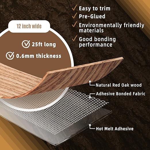 GSCIT Club Red Oak Wood Veneer, 12 inch x 25ft Wood Edge Banding Preglued Flexible, Veneer Tape Banding for Cabinet Repair Furniture