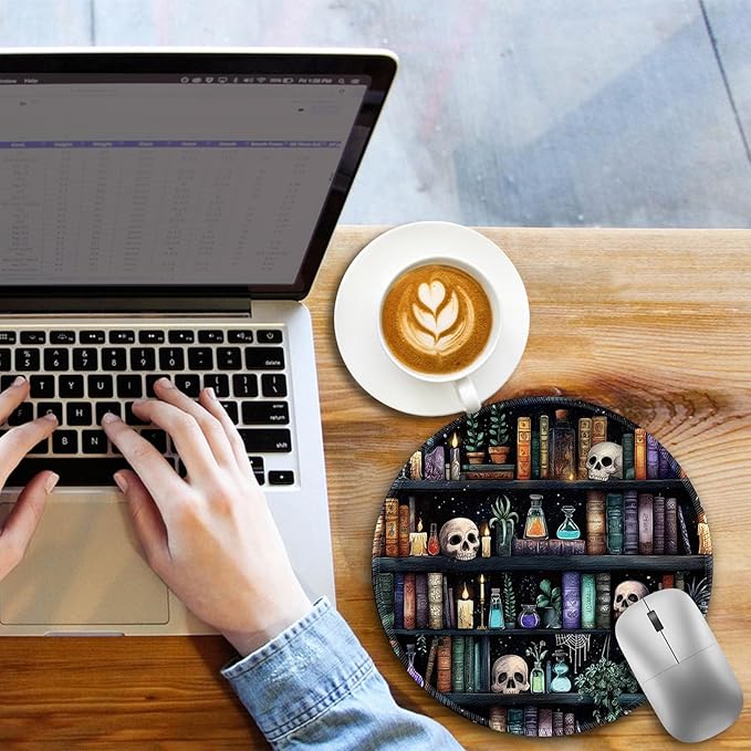 Bookshelf and Skull Mouse Pad, Skeleton Goth Gothic Small Round Mousepads for Desk, Mini Travel Mouse Mat for Wireless Computer Laptop, Work Office Desk Accessories, 8.6 x 8.6 inch