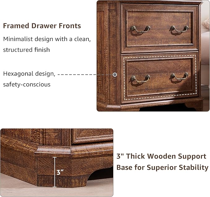 T4TREAM 2 Drawer File Cabinet-30 Wide Wooden Extended Desktop, Farmhouse Filing Cabinet with Smooth Rails, Holds Letter/Legal/A4, Hexagonal Design & Framed Drawer Fronts, Reclaimed Barnwood