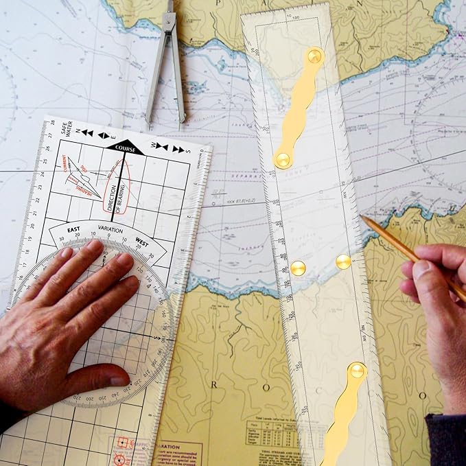 3 Pcs Basic Navigation Set,Including 15inch Parallel Ruler with Brass Arms, Nautical Protractor, and 6 Inch Marine Fixed Points Divider, Marine Accessories with Clear Scales for Boat