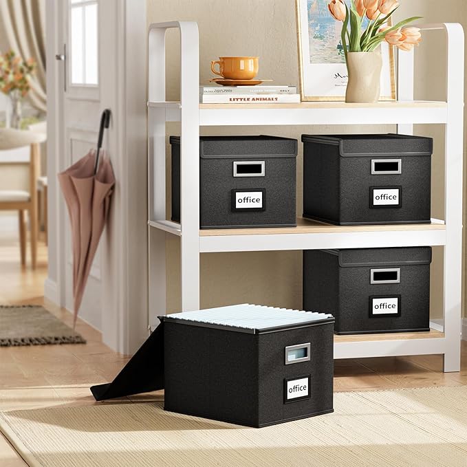 Huolewa Upgraded Portable File Organizer Box, Large Linen Hanging Office Document Storage Box with Lid - Black, Collapsible Filing & Storage Boxes for Office/Decor/Home - 14.9 x 12.59 x 10.8 inch