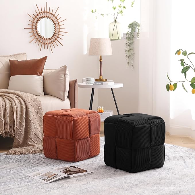 Ottoman Foot Rest Soft and Comfortable Ottoman Square Corduroy Woven Design Sofa Stool (Orange)