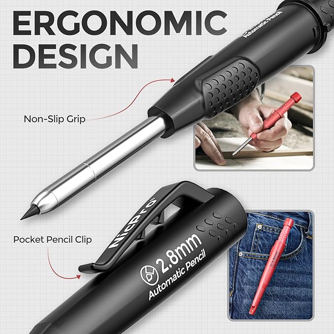 Nicpro CP3000 Carpenter Pencil with Sharpener, 2 Pack Mechanical Pencils Set with 38 Refills, Deep Hole Marker for Construction, Heavy Duty Carpenter Tools for Architect Marking (Black, Red)