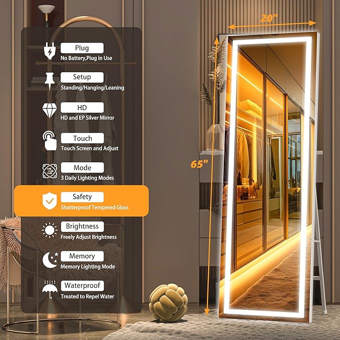 Hasipu Full Length Mirror with Lights, 65" x 20" LED Floor Mirror, Full Body Dressing Standing, Hanging Mounted Mirror for Living Room Bedroom Cloakroom, Square White