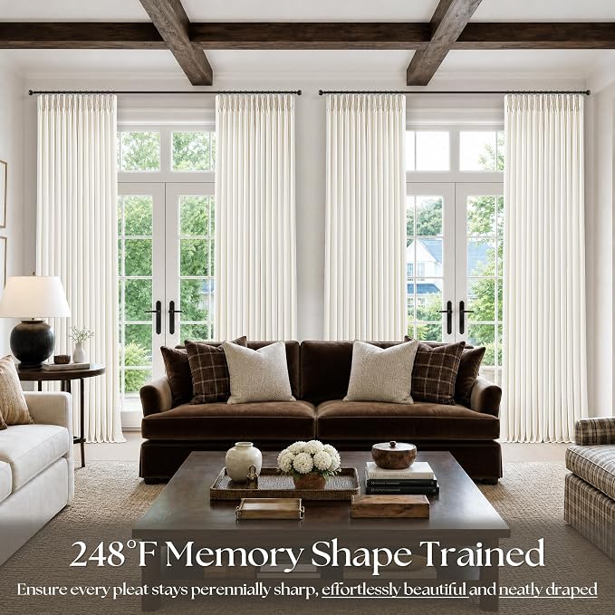 Natural Ivory Pinch Pleated Linen Semi Sheer Curtains 105 Inches Long 4 Panels - Image 7