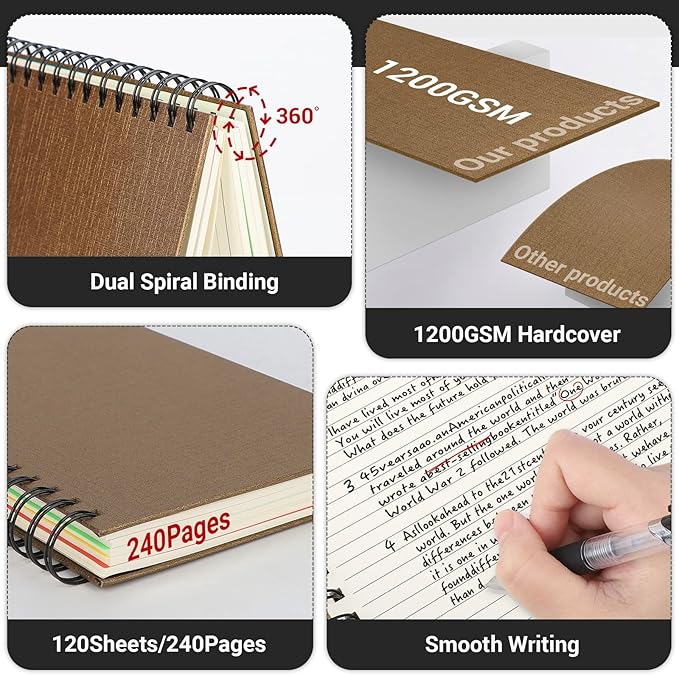 EUSOAR Notebook 5 Subject with Tabs, 1pcs A5 5.5"x8.3" Spiral College Ruled Writing Pad, 100GSM 120Sheets/ 240Pages of Lined Paper, Thick Hardcover, for Traveling Students, Office and Business, Kraft