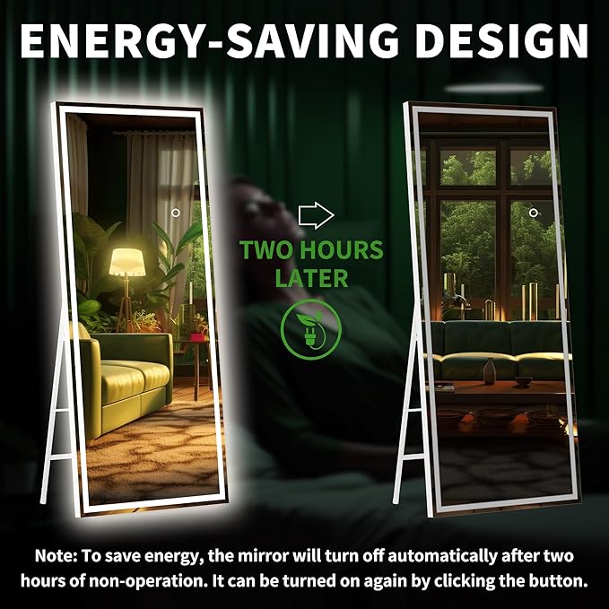 Hasipu Full Length Mirror with Lights, 79" x 32" LED Lighted Floor Standing Mirror, Full Body Dressing Hanging Mounted Mirrors, Dimmable, Tempered Glass, Safe to Use, Square Black