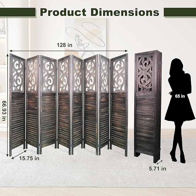 NicBex 8 Panel Room Divider 5.6FT Wood Carved Room Dividers, Folding Privacy Screens Portable Freestanding Partition Wall Dividers for Home Bedroom Office, Rustic Brown