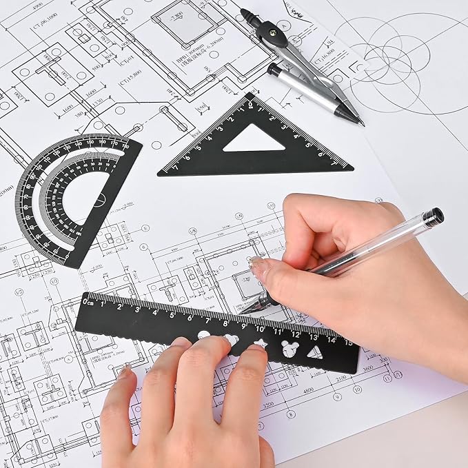 6 Pcs Metal Geometry Set, Math Geometry Kit, Metal Ruler Set and Compass Geometry Tool, Rulers Protractor and Compass Set for Student School and Drawings Supplies (Black)