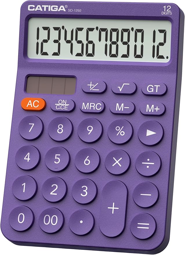 CATIGA 12 Digit Desktop Calculator Basic Desk Calculator with Large LCD Display, Big Buttons, 4 Function, Solar and Battery Dual Power, for Office, School, Home, SD-1292 Purple
