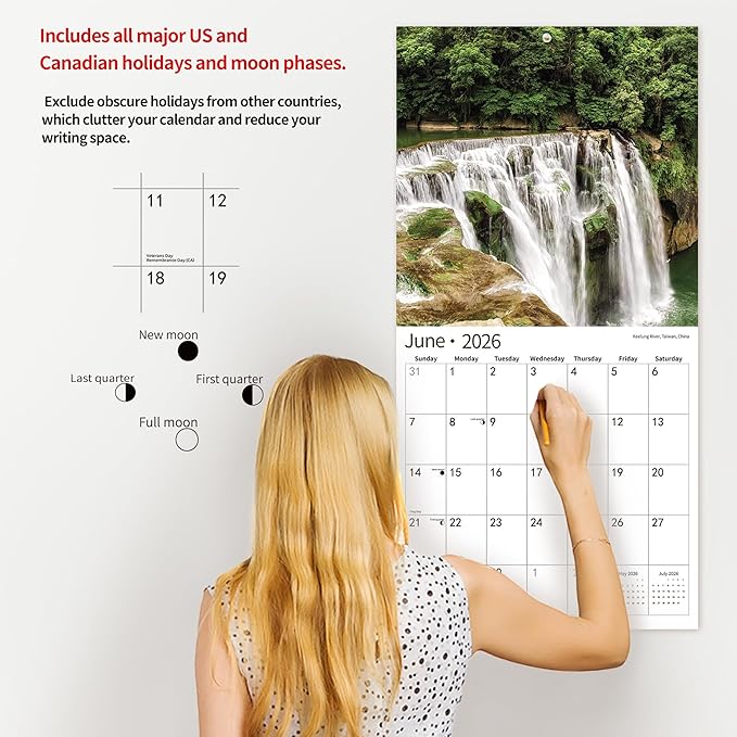 2025 Wall Calendar,Calendar 2026, July 2025 - December 2026, Wall Calendar Waterfall, 12" x 24" Opened,Full Page Months Thick & Sturdy Paper for Calendar Organizing & Planning