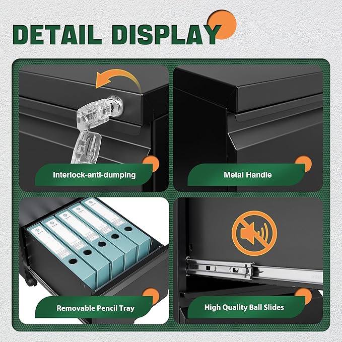 Letaya Mobile File Cabinet with Lock,2 Drawer Under Desk Metal Rolling Filing Cabinets for Home Office Organizer Letters/Legal/A4(Fully Assembled-Black)