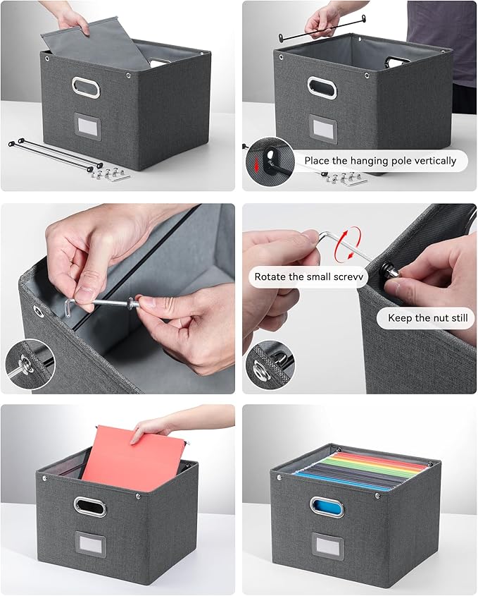 Oterri File Organizer Box with Lid,Large Hanging Filing Box with Mesh Pocket, Document Organizer for Letter Files, Portable Storage Case with Smooth Sliding Rail for Office&Home (1 PCS, Dark grey)