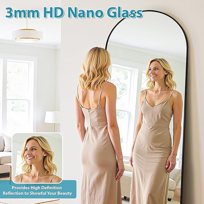 Full Length Mirror, 68"x26" Oversized Floor Mirror Freestanding, Full Body Mirror Floor Standing Mirrors with Stand, Hanging Mounted Mirrors for Bedroom Living Room, Black, Arched Style