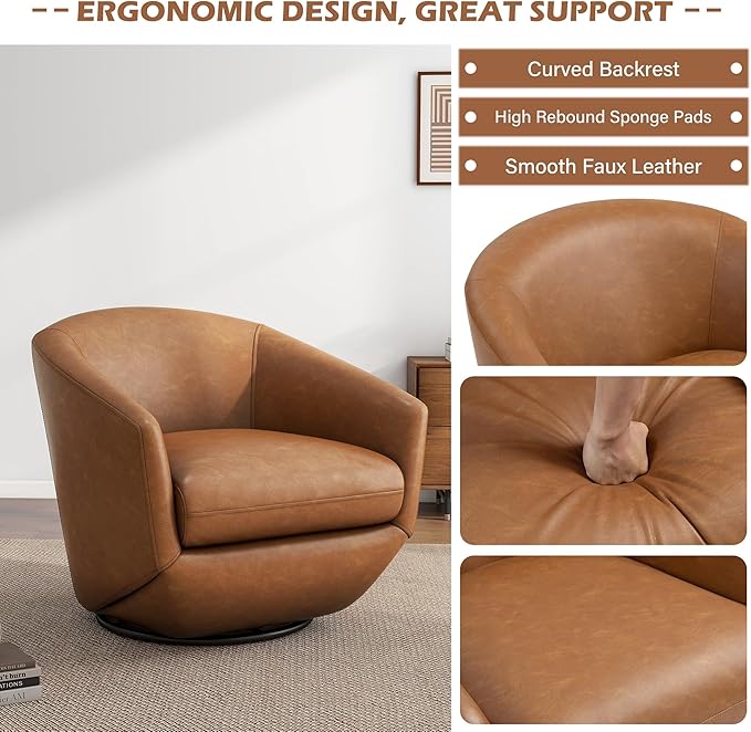 UIXE Faux Leather Swivel Accent Chairs Set of 2, Barrel Chair Upholstered Club Armchair for Living Room, Comfy Single Sofa Bedroom Side Reading Seat - Brown
