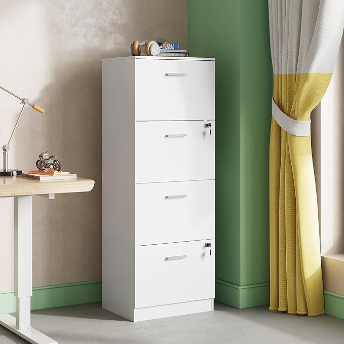 DEVAISE 4 Drawer File Cabinet with Lock, Vertical Filing Cabinet for A4/Letter Size Files, Wood Storage Organizer for Home Office, White