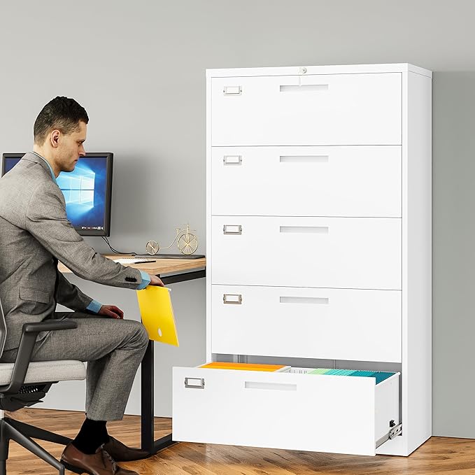 SISESOL 5 Drawer Lateral File Cabinet with Lock,White Lateral Filing Cabinet,Horizontal Metal Filing Cabinets,Large Locked Wide Five Drawer File Cabinets for Office Home,Fit A4/F4/Letter/Legal File
