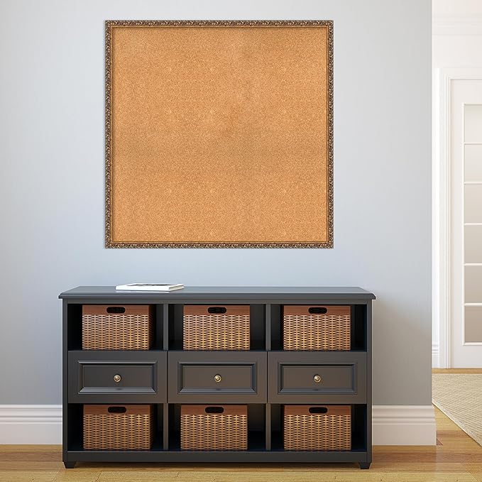 Amanti Art Natural Cork Board for Wall, 38x38 Vision Board with Bronze Frame, Oversize Corkboard Office Decor for Home Organization, Traditional Corkboard Pinboard to Display Items for Home