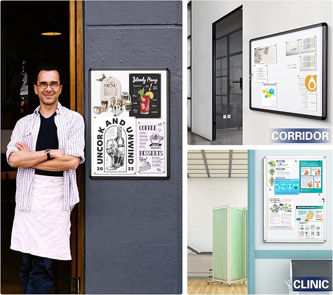 SWANCROWN Locking Bulletin Boards Enclosed Noticeboard White Glass Message Boards Indoor for School Office 38x28inch(9xA4)