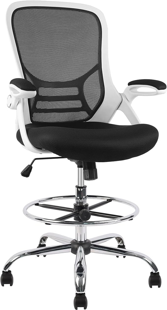HYLONE Drafting Chair, Tall Office Chair Mesh Standing Desk Stool with Adjustable Foot Ring, Flip-Up Arms, White & Black