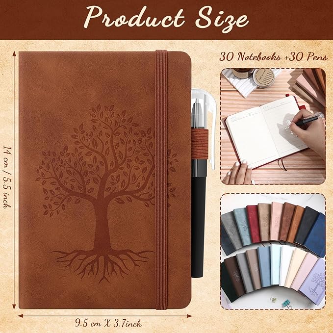 Estune Tree Small Notebooks Pen Leather Lined Pocket Subject Notebooks Hardcover Pocket Notepad Cute Ruled Leather Journals with Pen Holder for Men Women School Business, A6(Retro Color,30 Set)