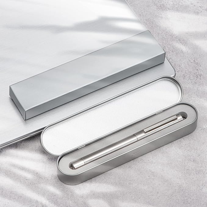 Hongdian 1861 Stainless Steel Fountain Pen Medium Nib, Classic Design Smooth Writing Pen with Converter and Metal Pen Case Set