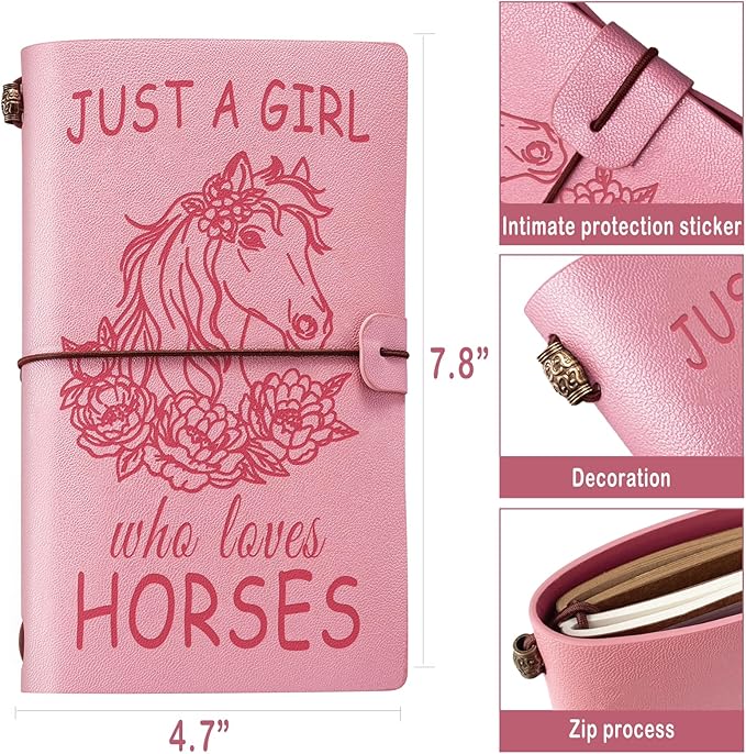 Just A Girl Who Loves Horses Leather Notebook Journal with Pen, Horse Stuff Horse Gifts for Girls Horse Lovers, Leather Refillable Notebook, Sketchbook, Travel Diary