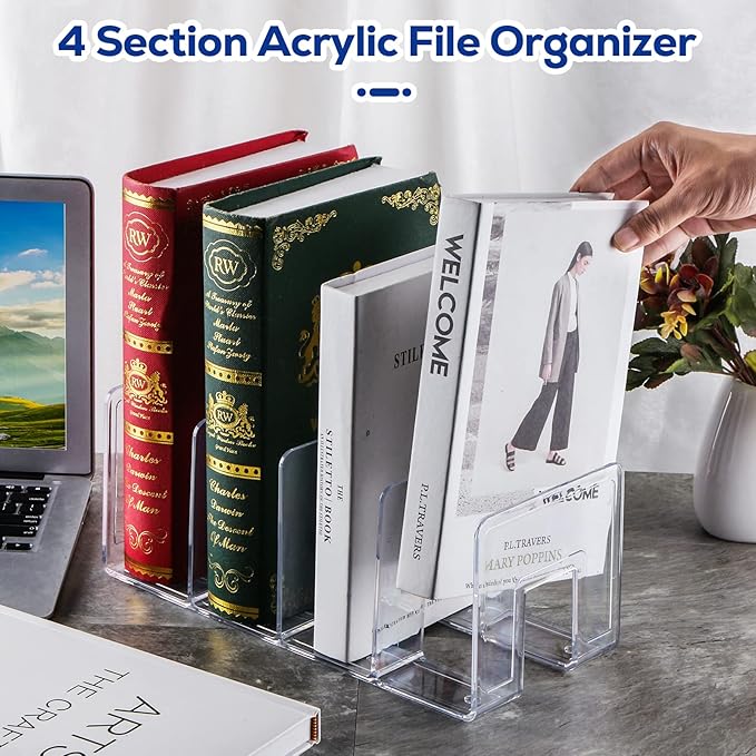 4Pack 4-Section Clear Acrylic Desk File Sorter, Desktop File organizer Purse Handbag divided organizer for Book, Envelopes, Mail, Document, Notebook, Office Supplies (13x5.9x5inch)