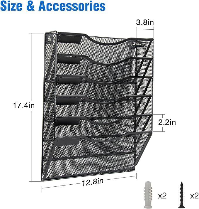 Wall File Organizer, 6 Tier Hanging File Folder Mail Organizer, Vertical Mesh Metal Wall Mount Hanging File Holder, Paper Document Magazine Rack for Home Office Black