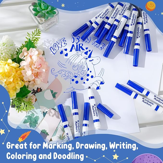 Janlaugh 60 Pcs Blue Washable Markers Bulk Coloring Broad Line Markers for Kids Conical Tip Blue drawing pens for Classroom Back to School travel Art baby shower gender reveal Supplies, Ages 6+