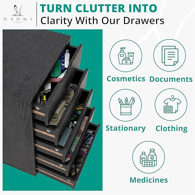 Naomi Home 5 Drawer Office Storage File Cabinet Under Desk Cabinets for Organization Filing with Wheels, Printer Stand Storage, 180 lbs Capacity, Distressed Black (11397AM)