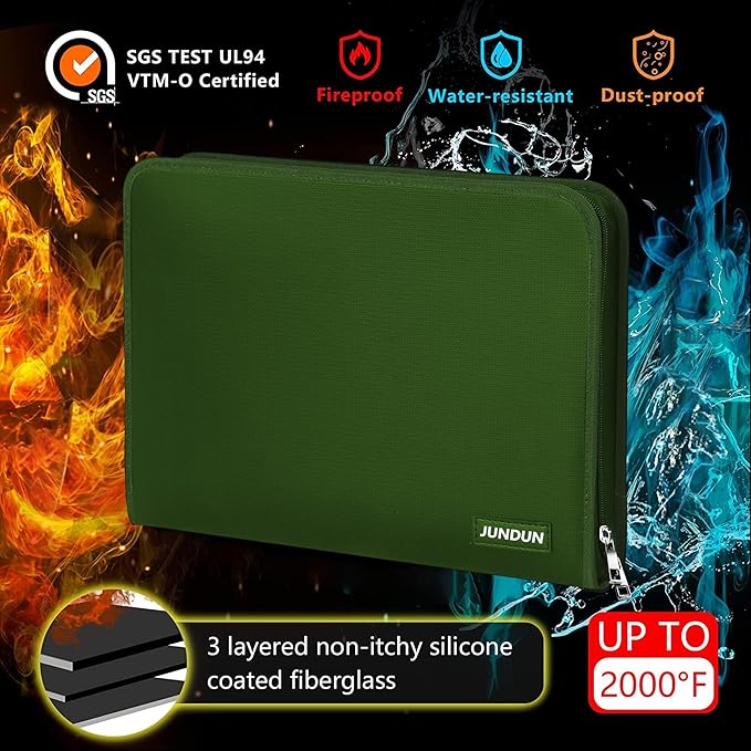 JUNDUN Accordion File Organizer - 12 Pocket Expanding File Folder with Zipper & Labels - Fireproof File Folder Organizer with Multi-Pockets,Document Organizer for Letter A4 Files and More (Green)