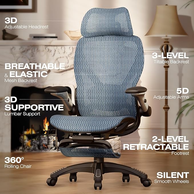 ELABEST X100 Ergonomic Office Chair with Footrest, Big and Tall Home Desk Chair with 5D Flip-Up Arms, Adjustable 8D Lumbar Support,High Back Rolling Computer Chair, Swivel Mesh Chairs (Oaxaca Blue)