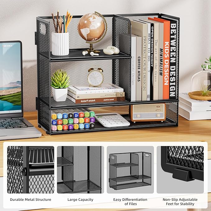 Marbrasse 2-Tier Desk Shelf Organizer with Handle, Desktop Bookshelf File Holder, Mesh Display Shelf Organizer Storage Rack for Office, Home, Supplies, Kitchen (Black)