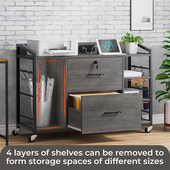 SEDETA 44" File Cabinet, Filing Cabinet fits Legal/Letter Size, 2 Drawer File Cabinets for Home Office with Lock, Power Strip, 6 Storage Shelves, Grey