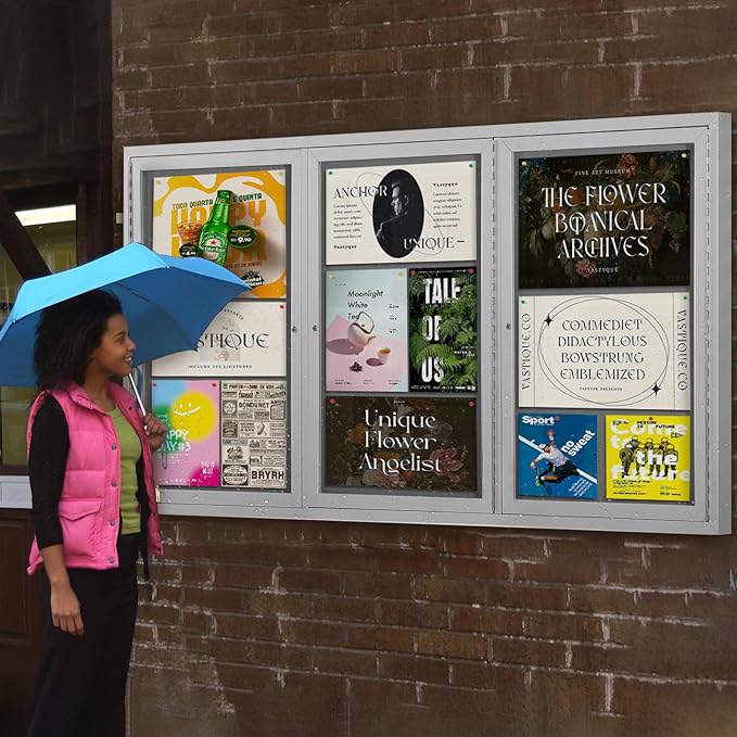 SWANCROWN Outdoor Bulletin Board 94x48in, Enclosed Bulletin Board with Locking Door for Office School Commerce, Grey Felt, Sliver Aluminum Frame