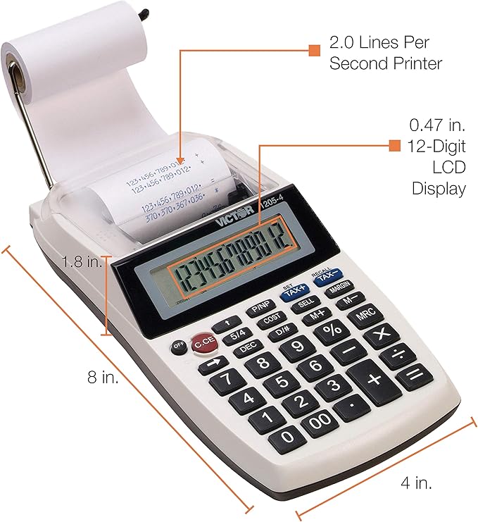 Victor 1205-4 12 Digit Portable Palm/Desktop Commercial Printing Calculator, 1.8" x 4" x 8"