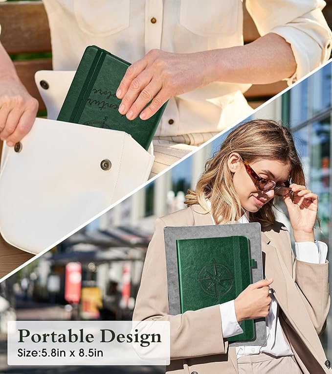 Graph Notebook for Women Men, 160 Pages Grid Paper Journal, A5 Hardcover Vintage Leather Graphing Notebooks for School, Work, College Ruled, Inner Pocket, 5.8"x8.5" (Green)