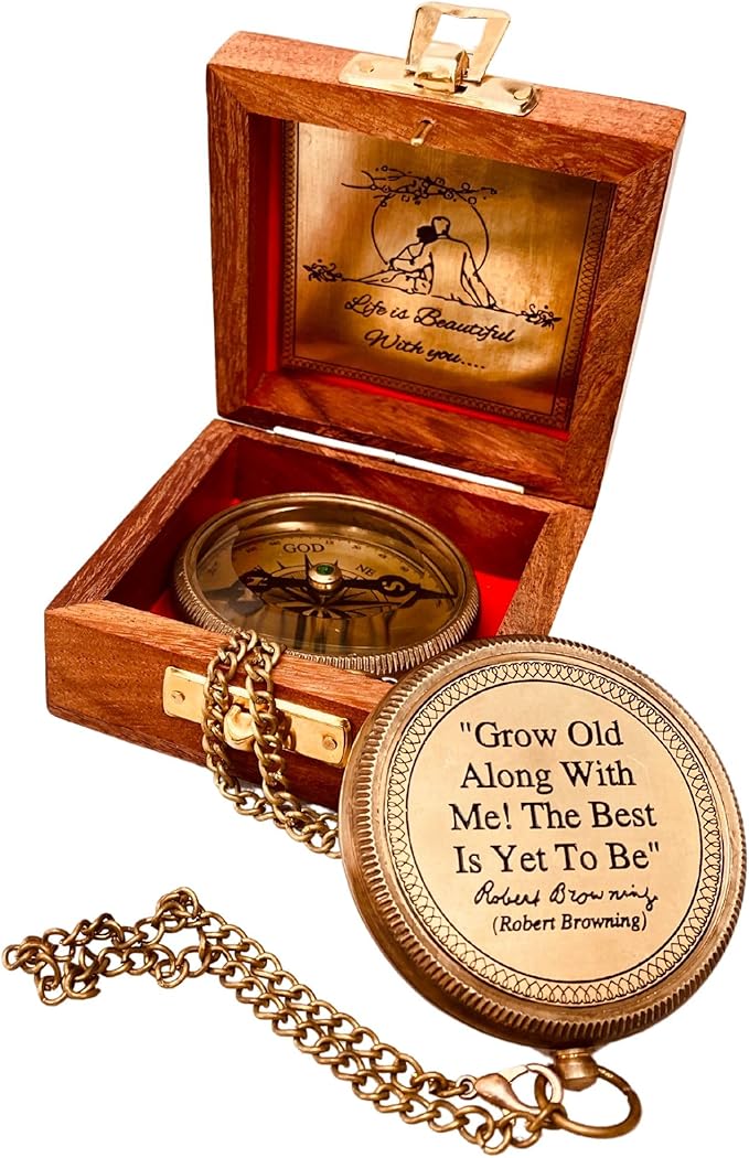 Gift for Husband Wife - Brass Compass 2" | Engraved Quote Birthday Wedding Anniversary Christmas Romantic Love Gifts idea for Boyfriend Girlfriend Men Women Him Her (Grow Old Along with Me)