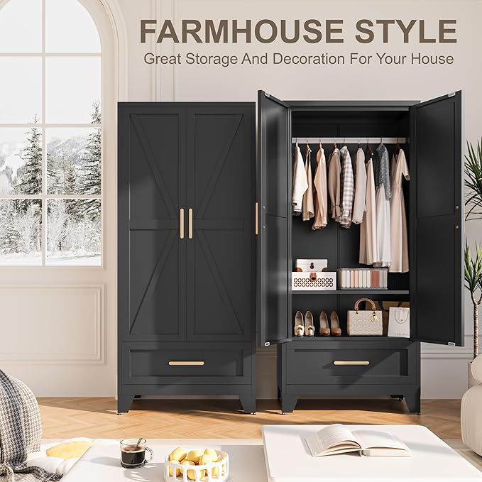 Metal Wardrobe Cabinet,71 Armoire Wardrobe Closet with Drawers and Hanging Rod,Metal Armoire with Adjustable Shelves for Closet,Bedroom,Farmhouse Storage Cabinet with Drawer(Black)