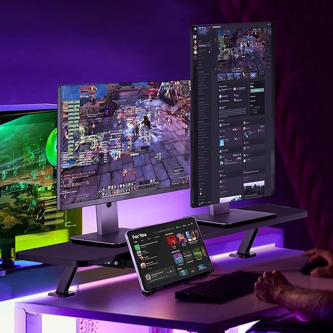 AVLT Clamp Desk Shelf Dual 32" Monitor Riser With Slide-out Holder for Convertible Laptop, Tablet, Smartphone (Black) - Floating Stand (Clamp-On Shelf Only)