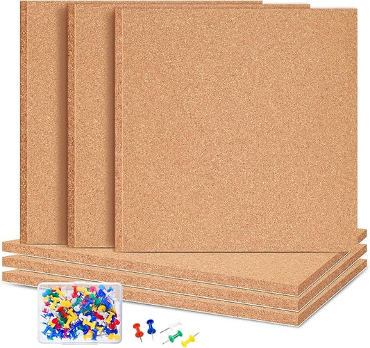 6 Pac Self-Adhesive Square Cork Boards for Wall with 100 Push Pins for Bulletin Boards Cork Wall Home School Office Decorative（12"x12"x1/4" ）